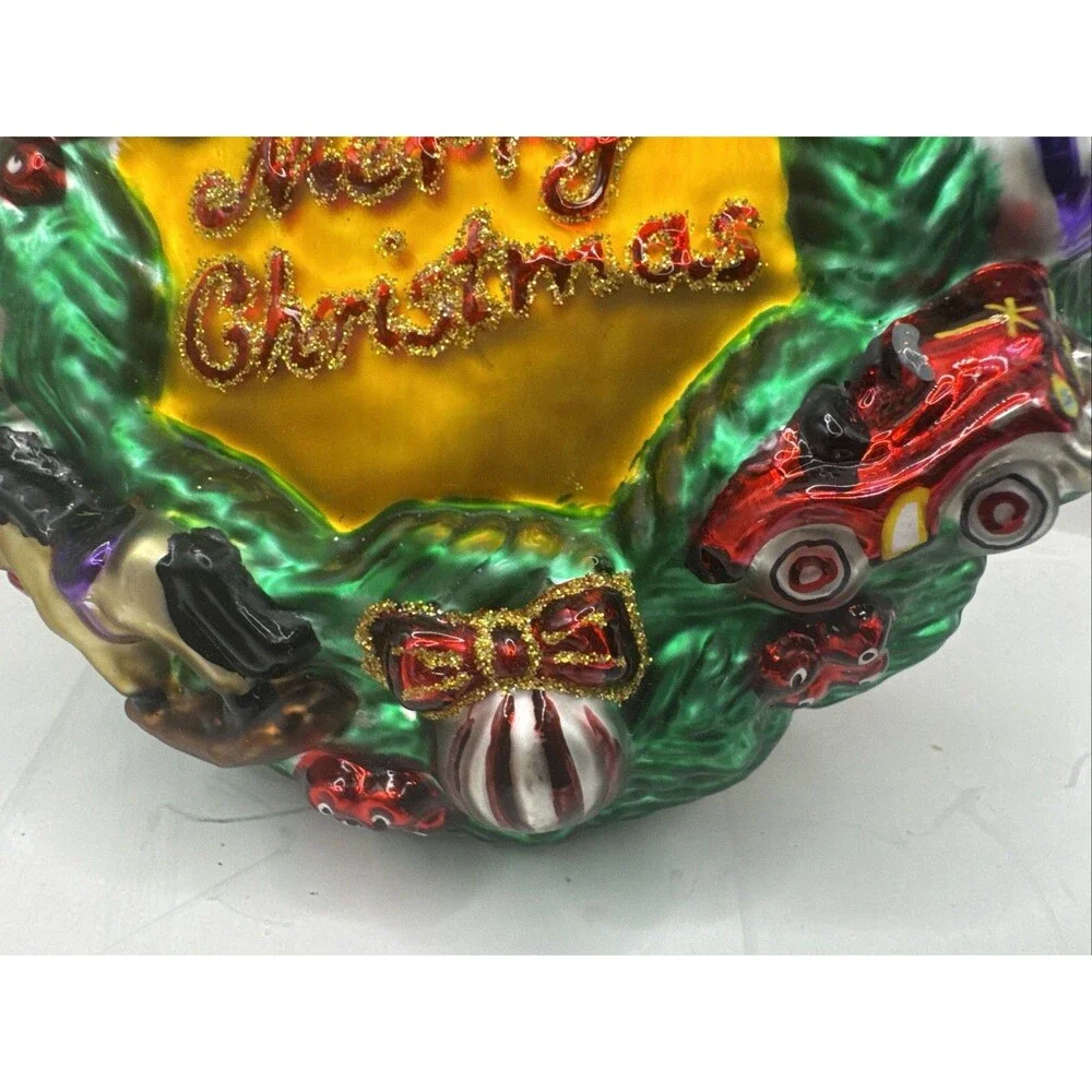 Christopher Radko Bells Bow Evergreen Wreath Textured Glass Christmas Ornament